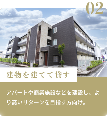 建物を建てて貸す アパートや商業施設などを建設し、より高いリターンを目指す方向け。