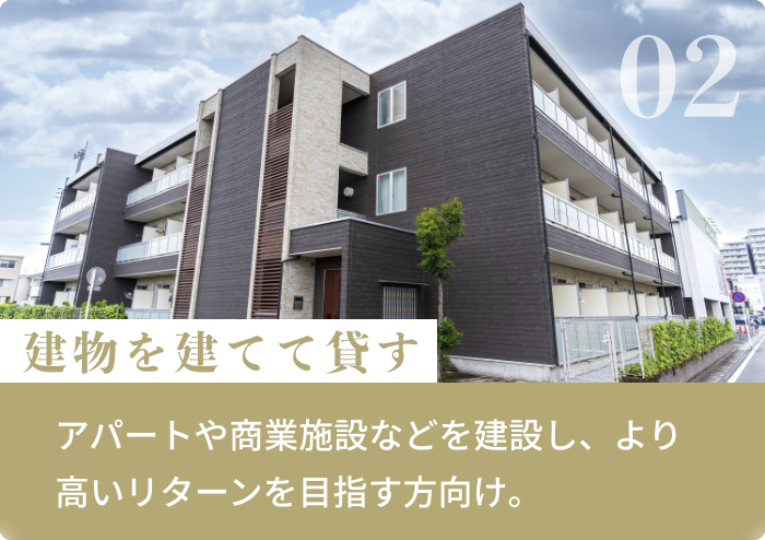 建物を建てて貸す アパートや商業施設などを建設し、より高いリターンを目指す方向け。